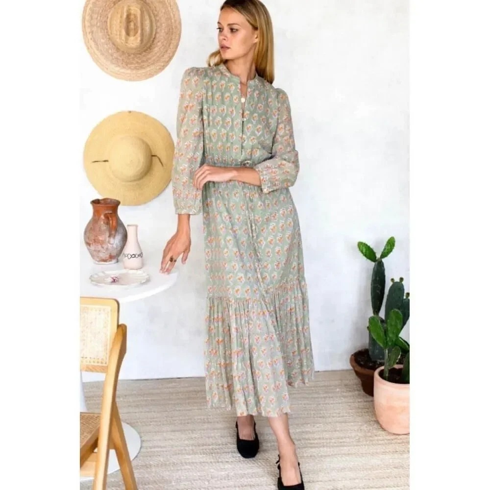 Emerson Fry India Collection Frances 3 Tiered Floral Midi Boho Dress Green Sz L
